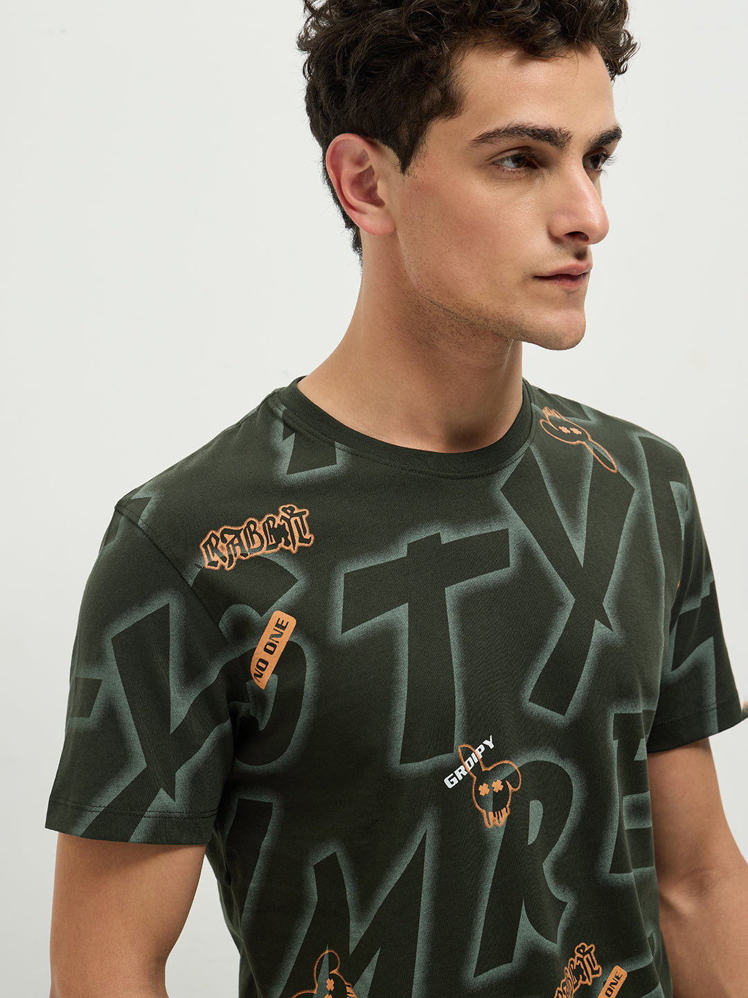 Olive Printed Crew Neck T Shirt