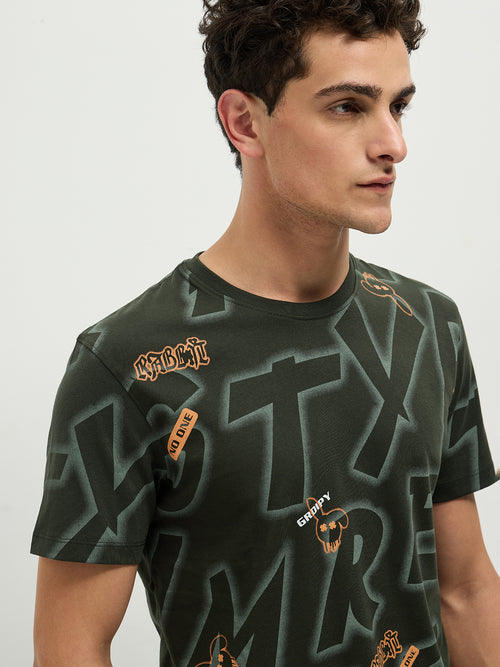Olive Printed Crew Neck T Shirt
