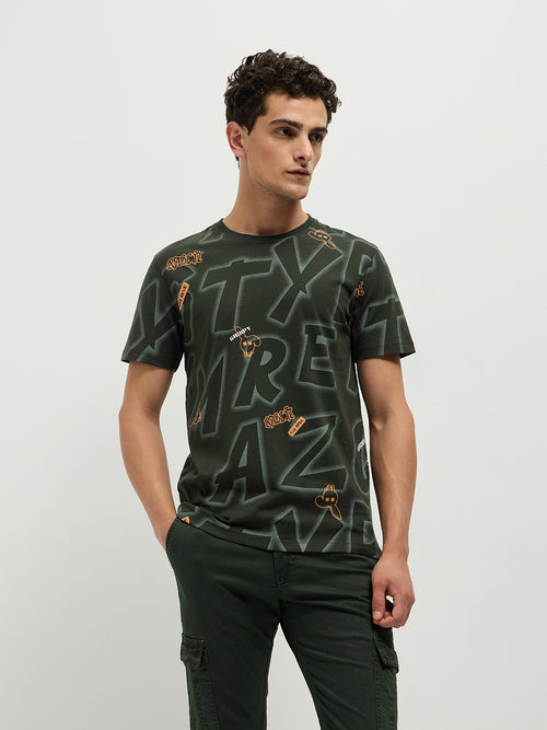 Olive Printed Crew Neck T Shirt
