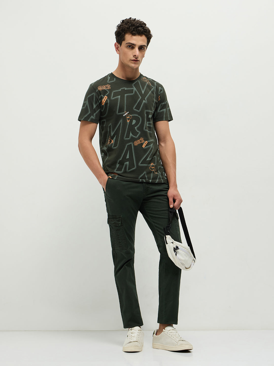 Olive Printed Crew Neck T Shirt