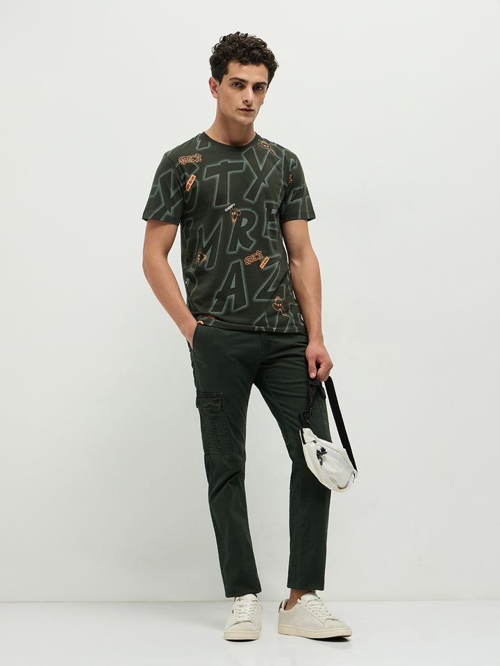 Olive Printed Crew Neck T Shirt