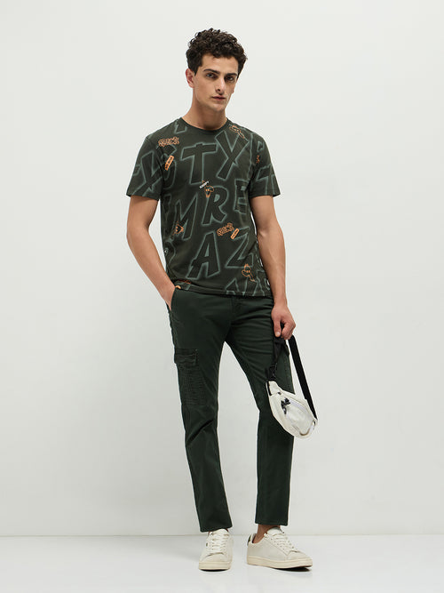 Olive Printed Crew Neck T Shirt