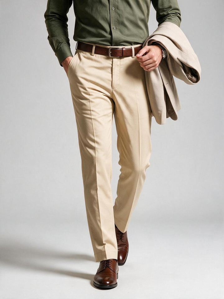 Ivory Beige Solid Formal Trousers