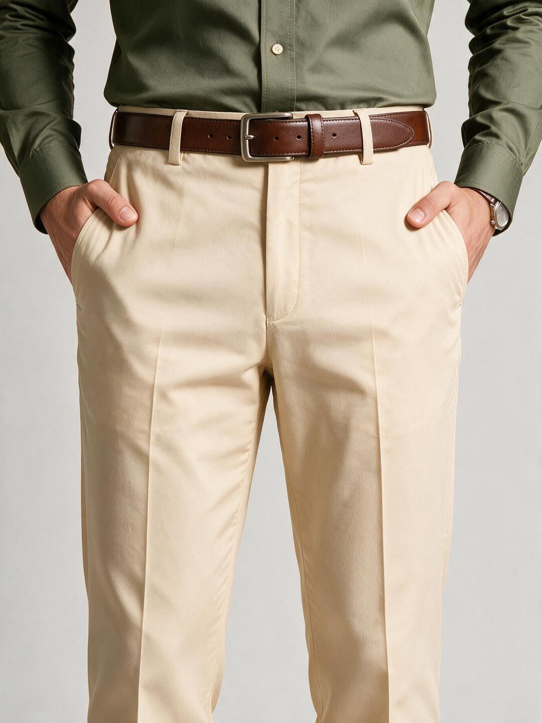 Ivory Beige Solid Formal Trousers