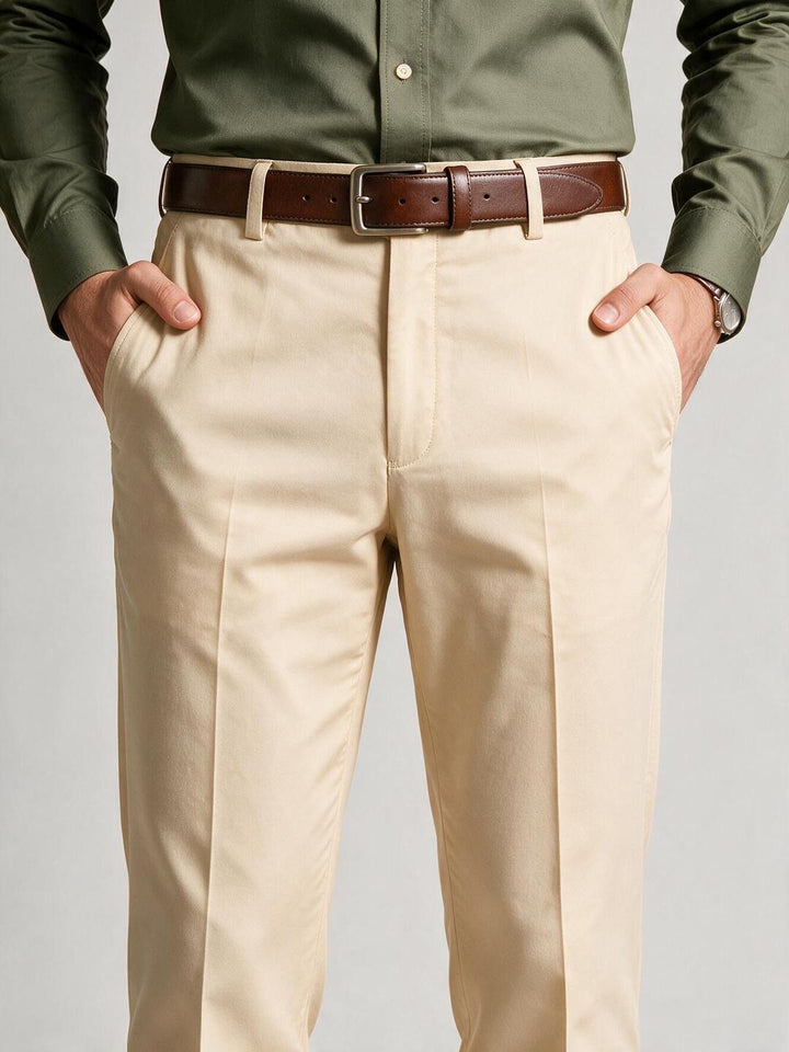 Ivory Beige Solid Formal Trousers