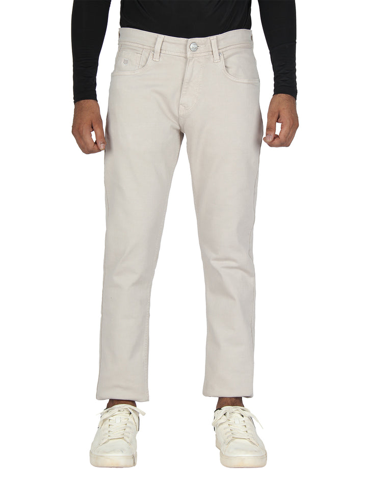 Cream Denim Solid Trousers