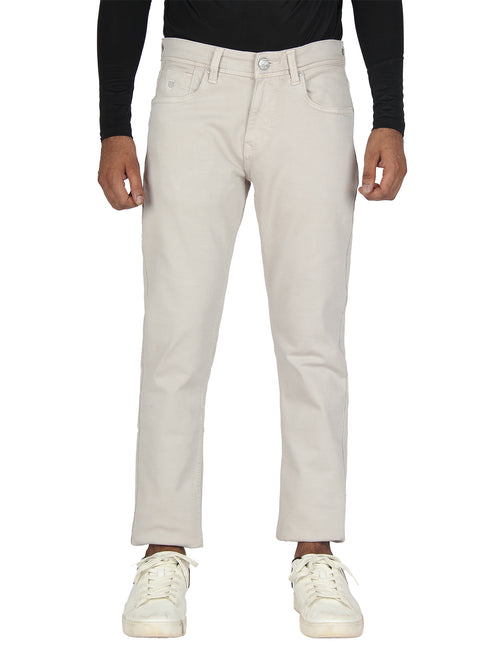 Cream Denim Solid Trousers