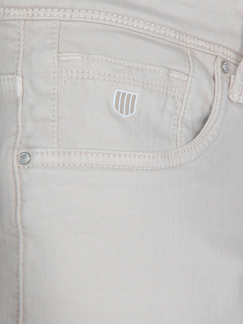 Cream Denim Solid Trousers