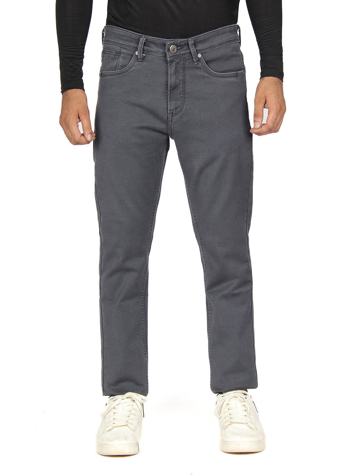 Dark Grey Denim Cotton Stretch Solid Trousers