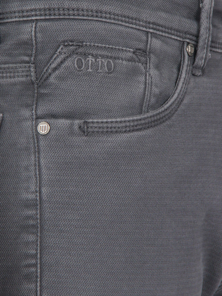 Dark Grey Denim Cotton Stretch Solid Trousers
