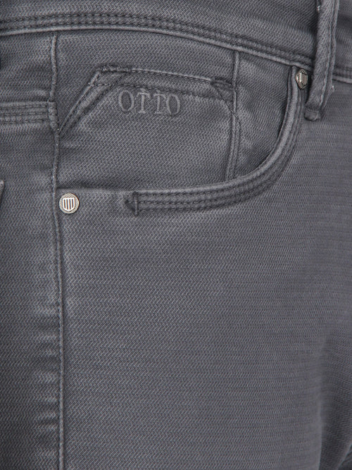 Dark Grey Denim Cotton Stretch Solid Trousers