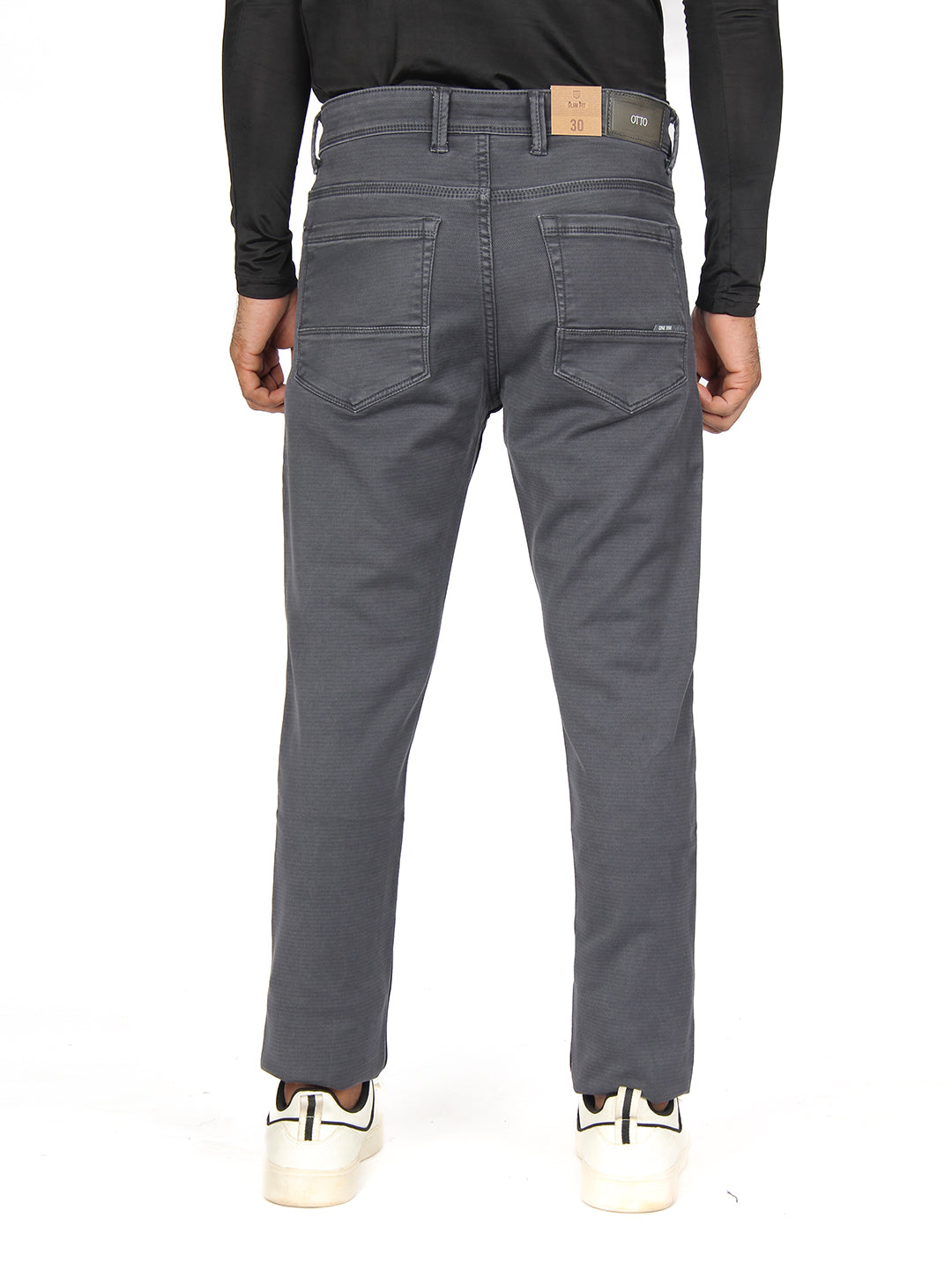 Dark Grey Denim Cotton Stretch Solid Trousers