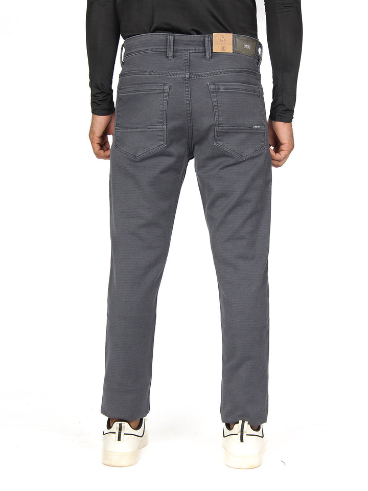 Dark Grey Denim Cotton Stretch Solid Trousers