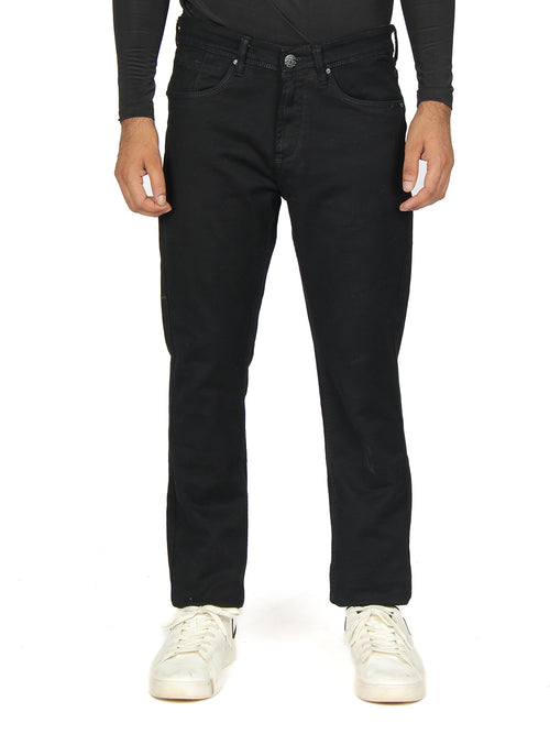 Black Denim Cotton Stretch Solid Trousers