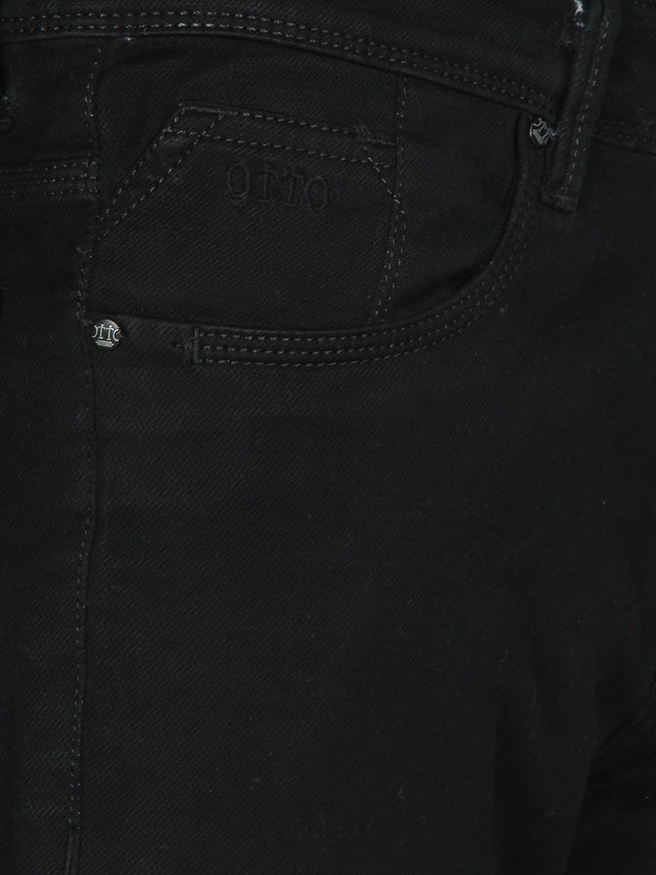 Black Denim Cotton Stretch Solid Trousers