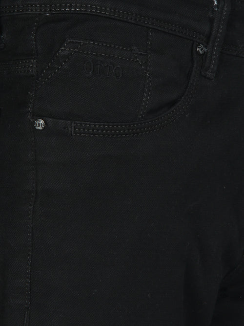 Black Denim Cotton Stretch Solid Trousers