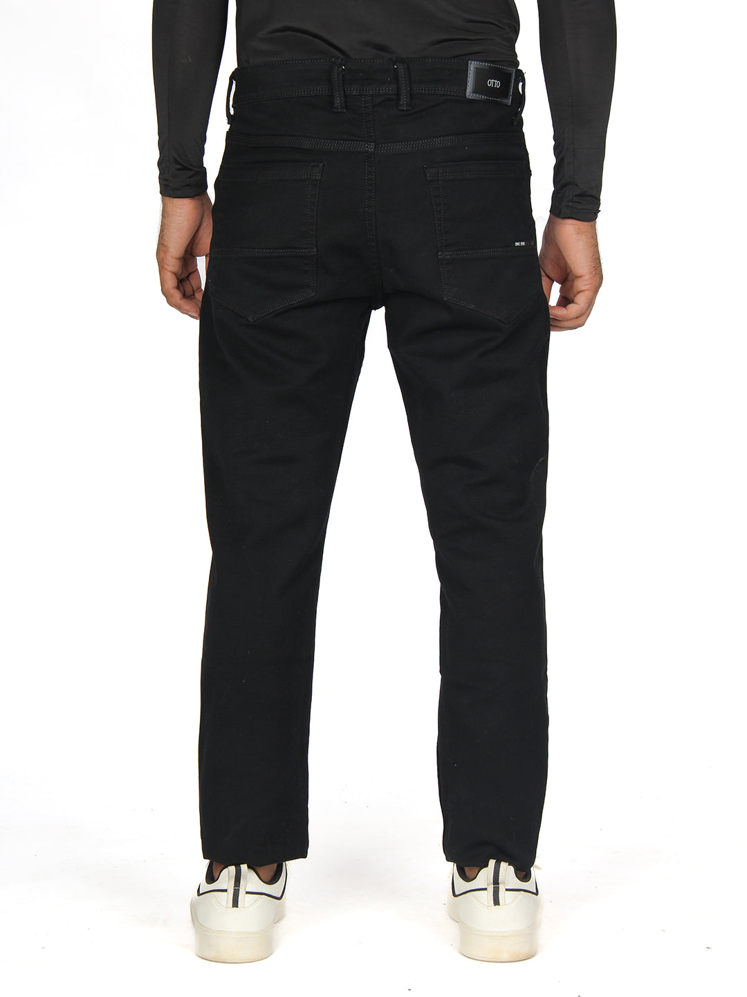 Black Denim Cotton Stretch Solid Trousers