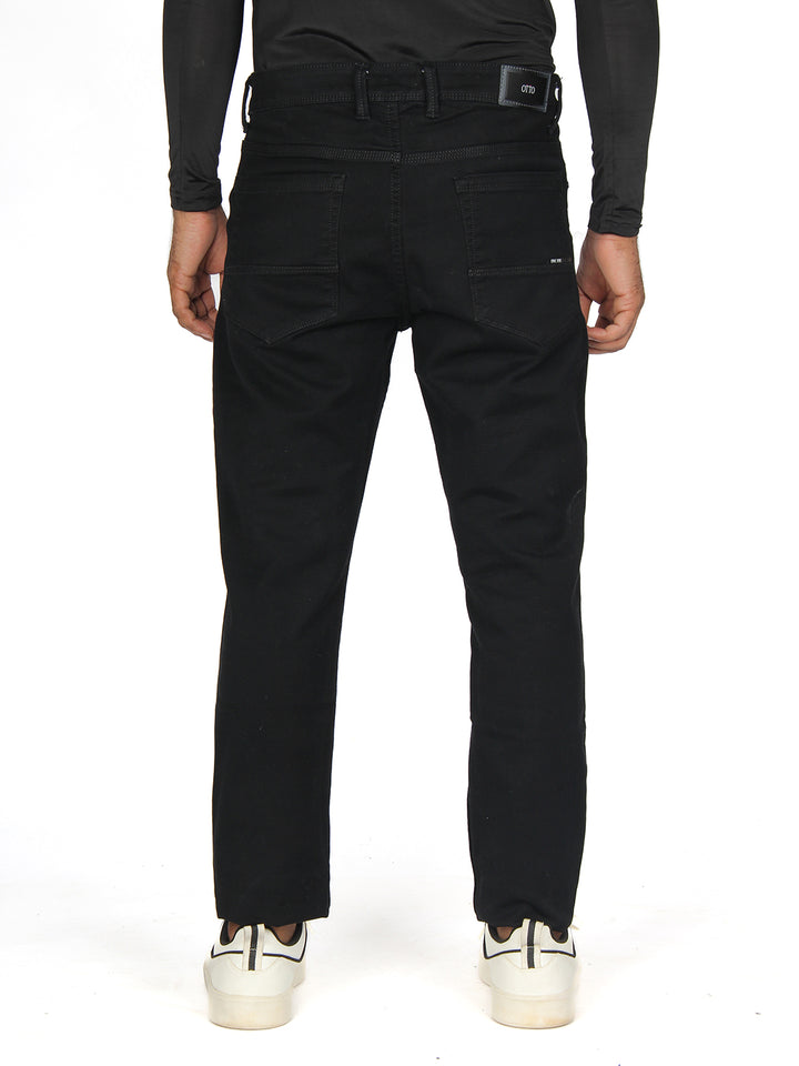 Black Denim Cotton Stretch Solid Trousers