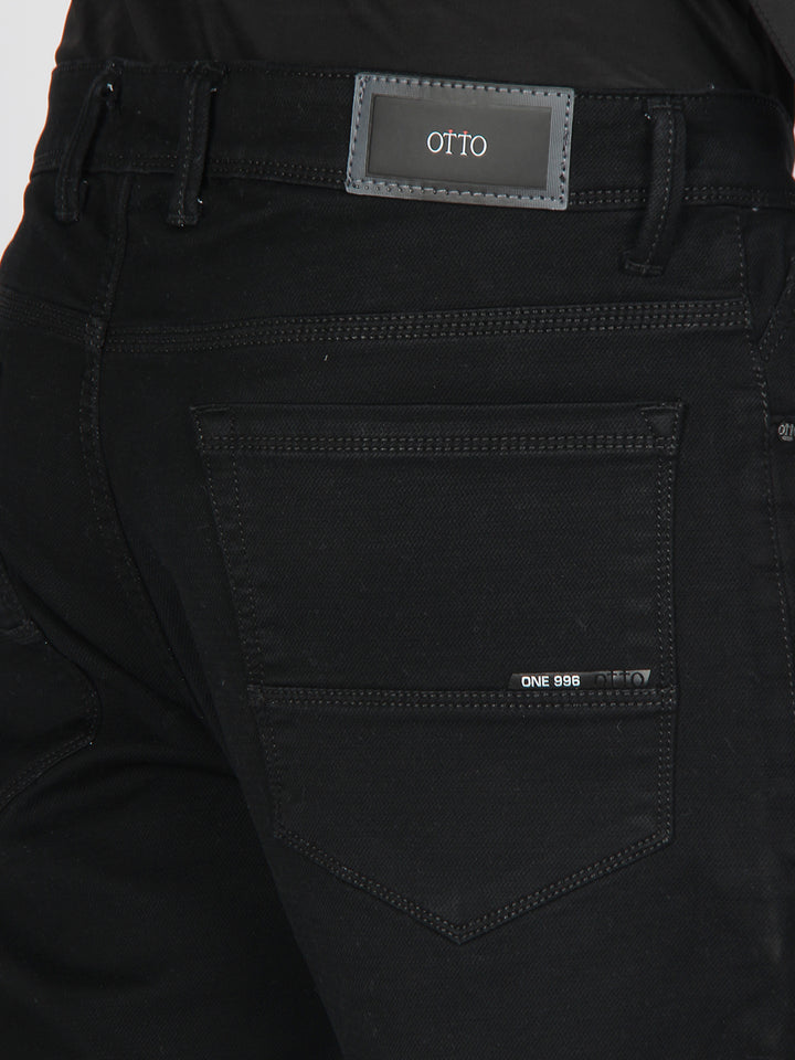 Black Denim Cotton Stretch Solid Trousers