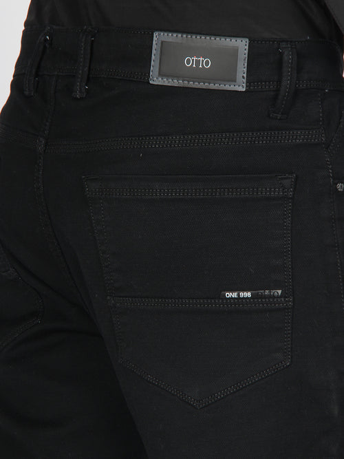 Black Denim Cotton Stretch Solid Trousers