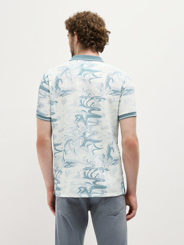 Sea Blue Printed Polo T Shirt
