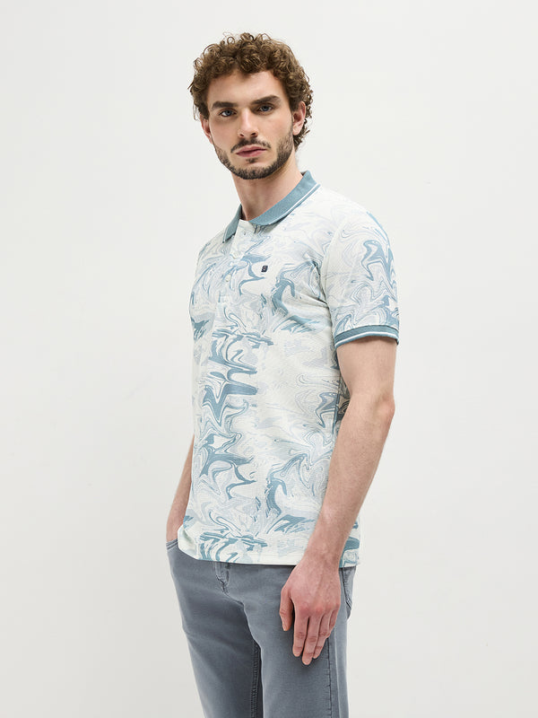 Sea Blue Printed Polo T Shirt