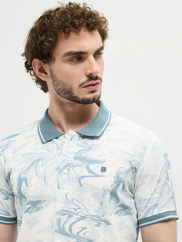 Sea Blue Printed Polo T Shirt