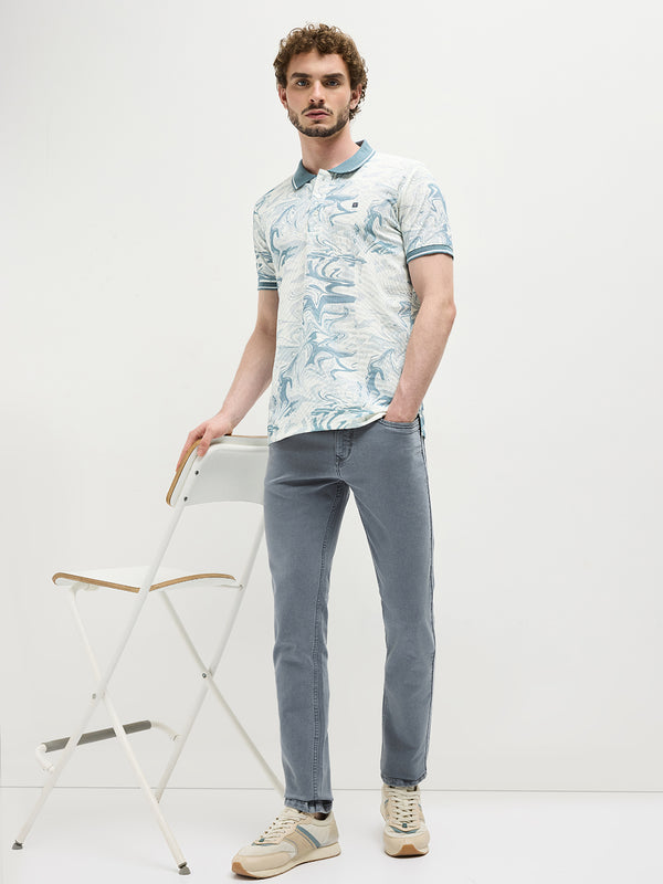 Sea Blue Printed Polo T Shirt