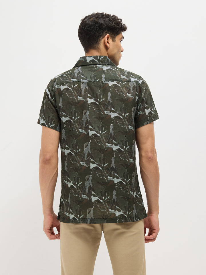Olive Green Printed Casual Shirt