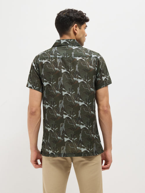 Olive Green Printed Casual Shirt