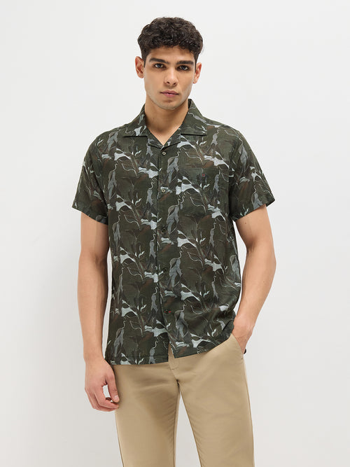 Olive Green Printed Casual Shirt