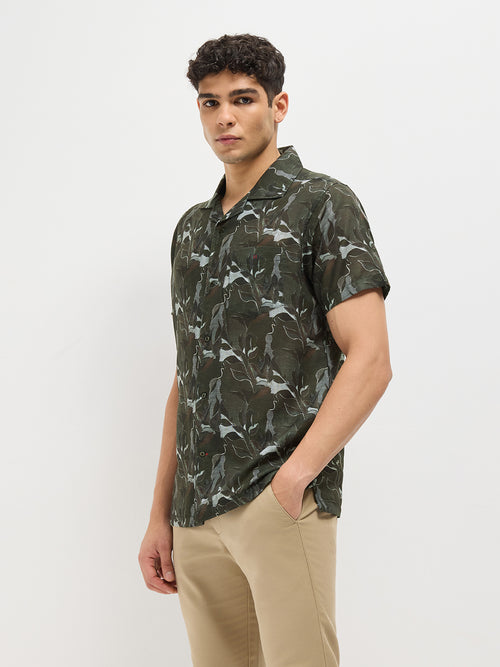 Olive Green Printed Casual Shirt