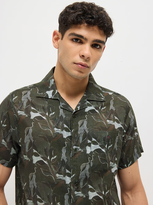 Olive Green Printed Casual Shirt