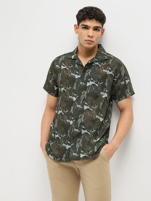 Olive Green Printed Casual Shirt