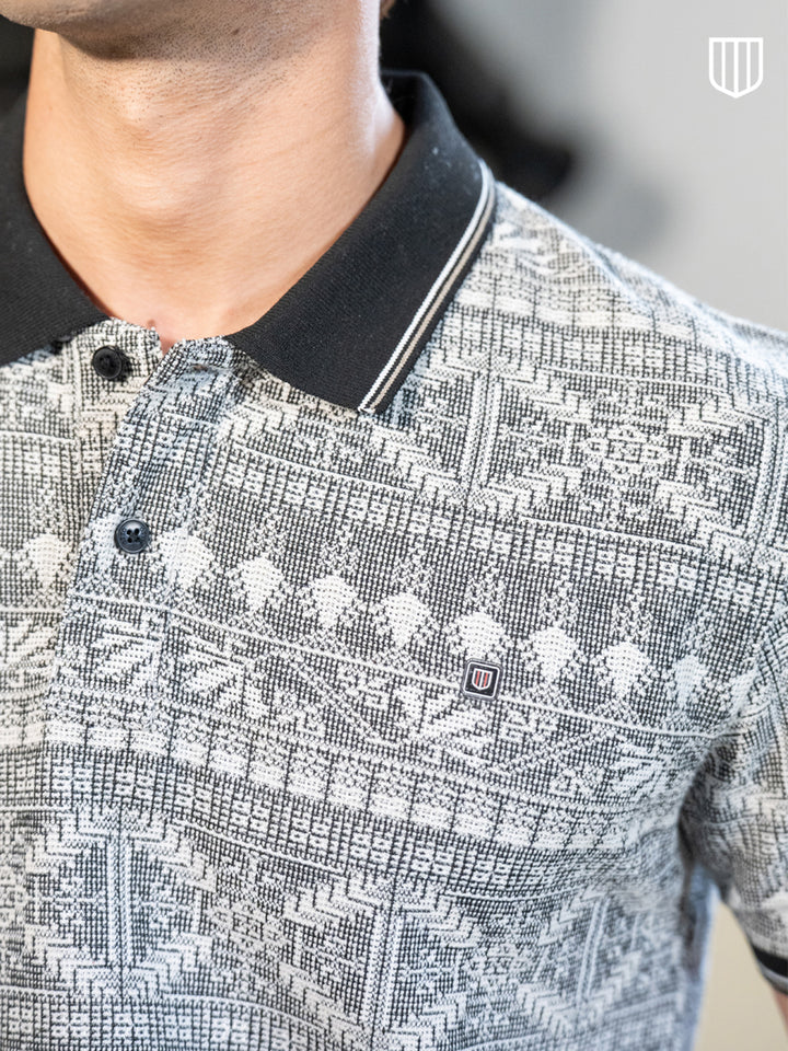Black Geometric Printed Polo T Shirt