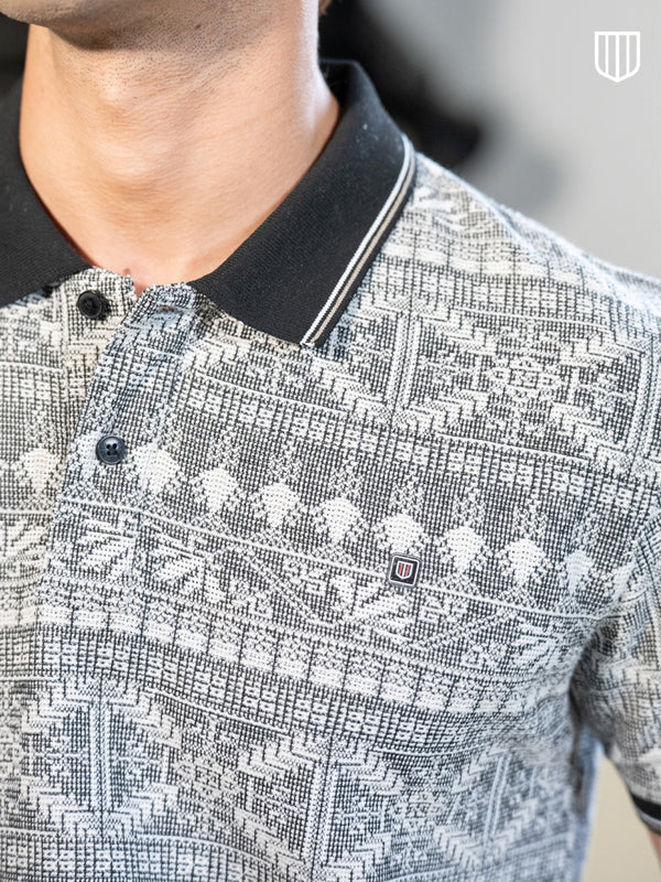 Black Geometric Printed Polo T Shirt