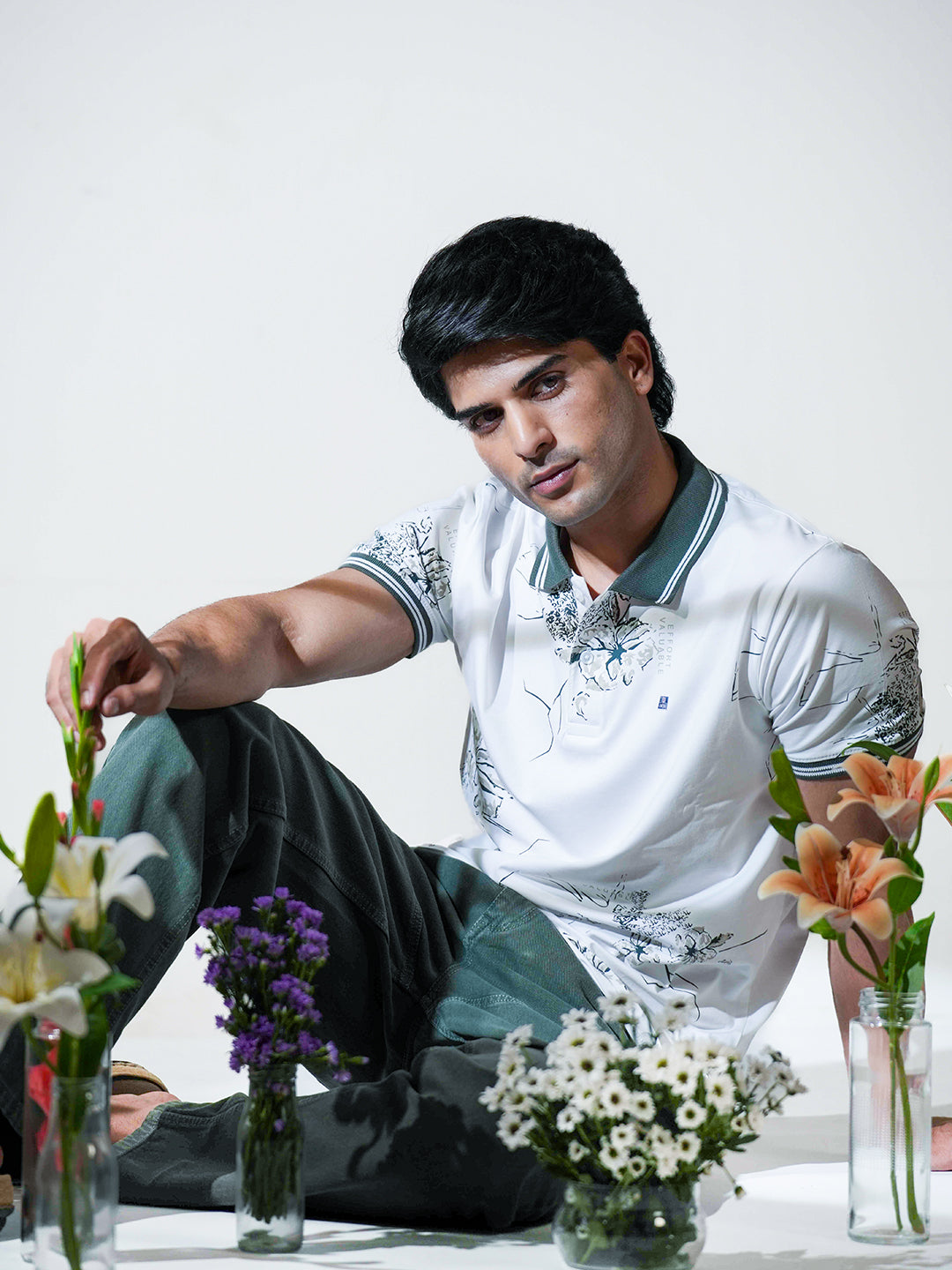 Green Floral Printed Polo T Shirt