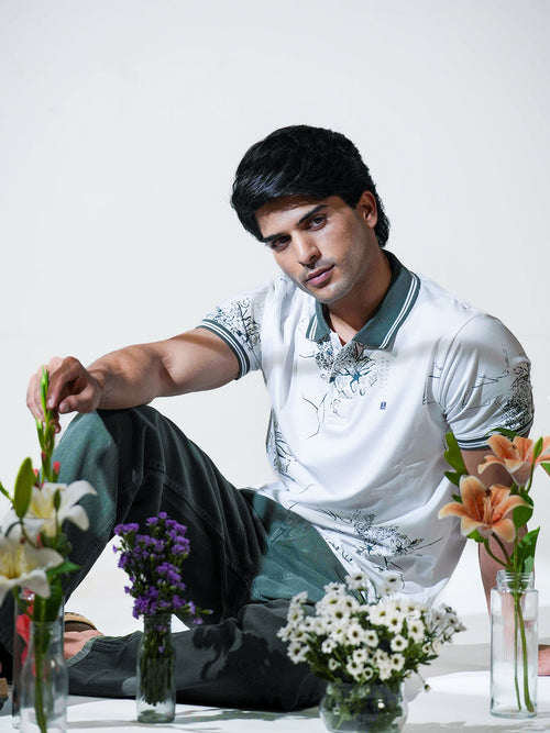 Green Floral Printed Polo T Shirt