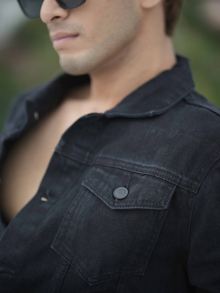 Jet Black Plain Denim Jacket