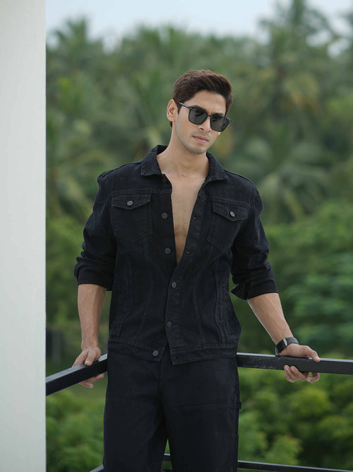 Jet Black Plain Denim Jacket