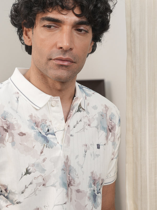 White Floral Printed Polo T Shirt
