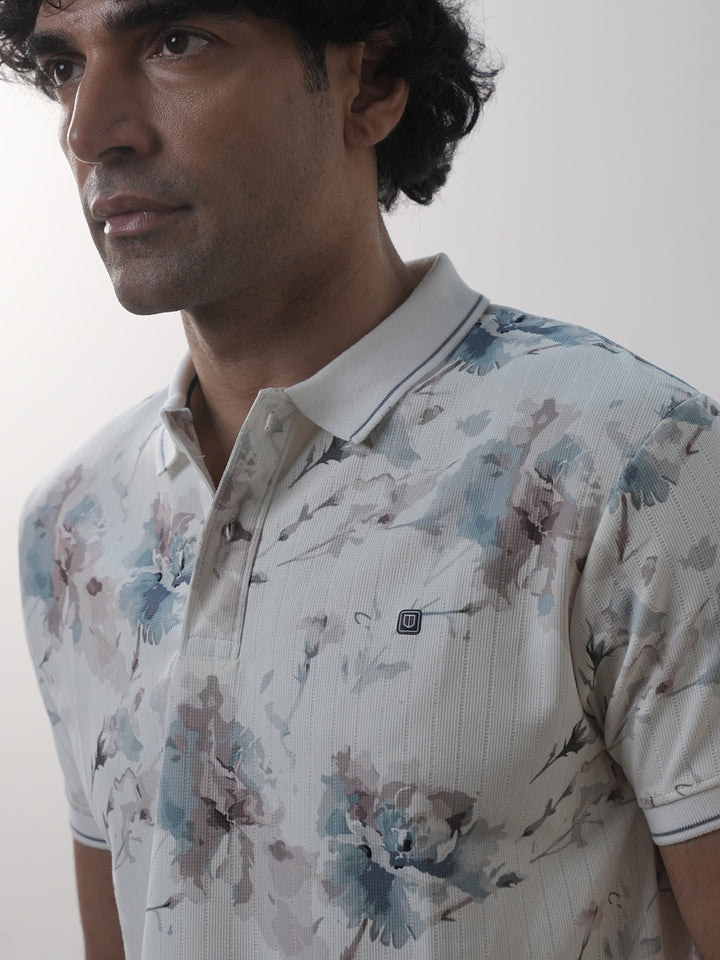 White Floral Printed Polo T Shirt