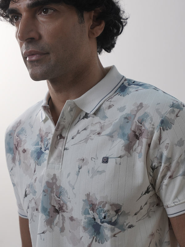 White Floral Printed Polo T Shirt