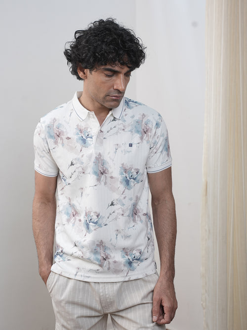White Floral Printed Polo T Shirt