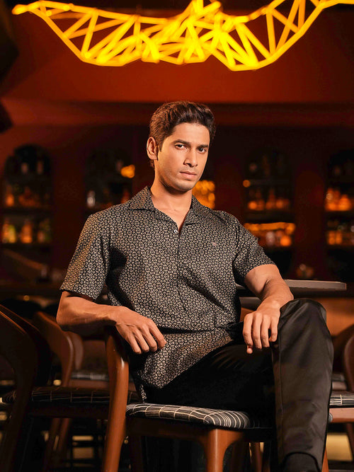 Mocha Brown Geometric Printed Casual Shirt