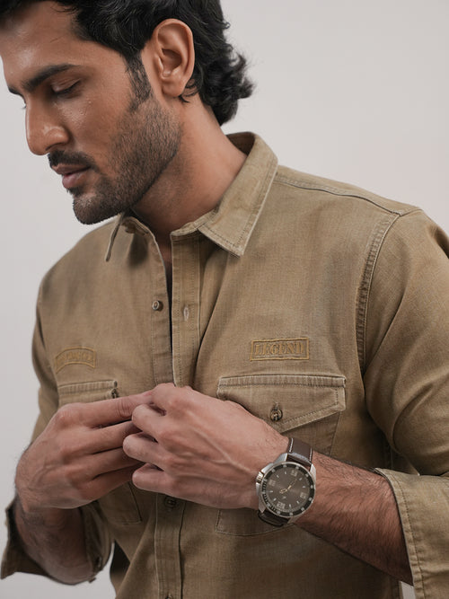 Khaki Casual Printed Shirt