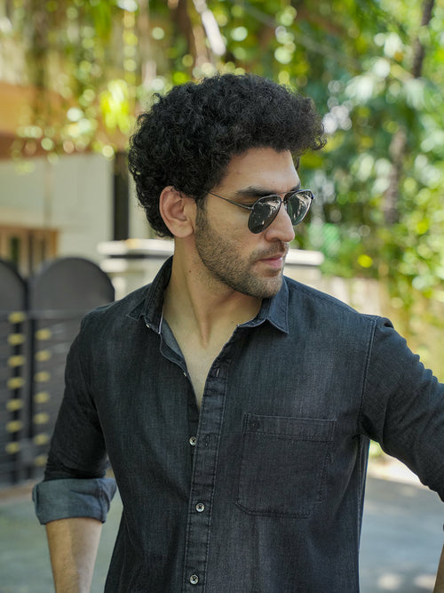 Black Casual Denim Solid Shirt