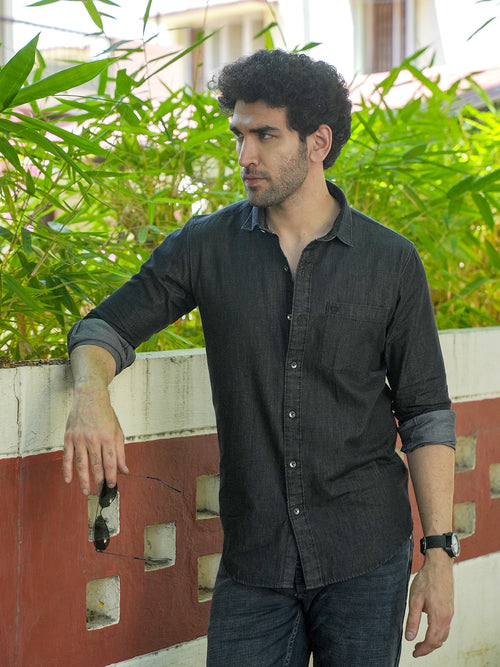 Black Casual Denim Solid Shirt
