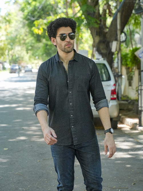 Black Casual Denim Solid Shirt