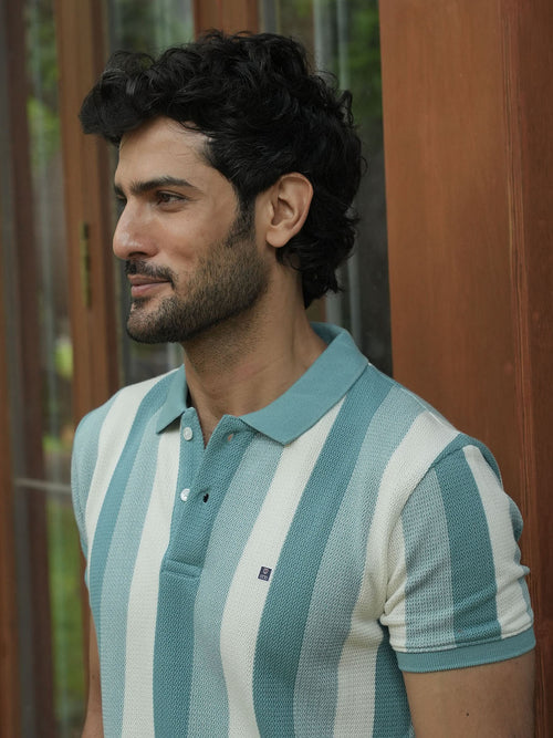 Sea Blue Stripes Polo T Shirt